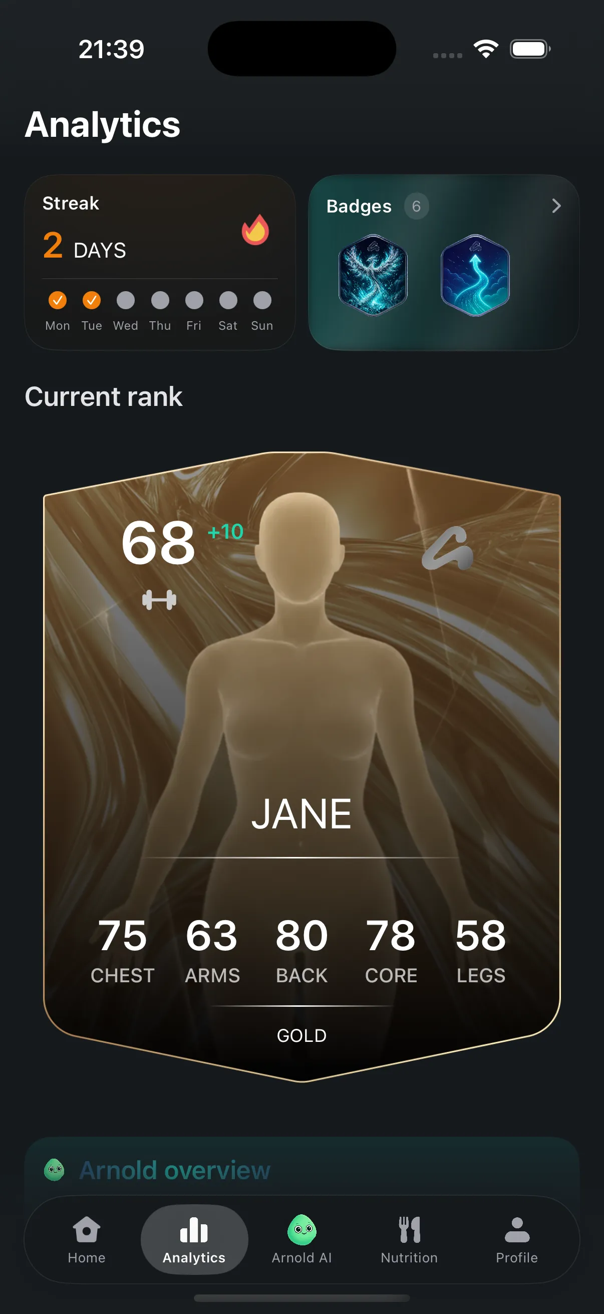 Arnold AI app: analytics screen with streak, badges and gold body rank card