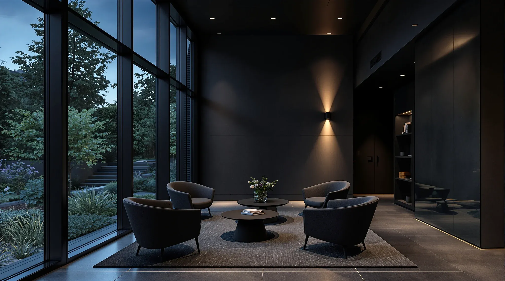 The lounge of a newly built care home at dusk, armchairs around a low table beside tall windows