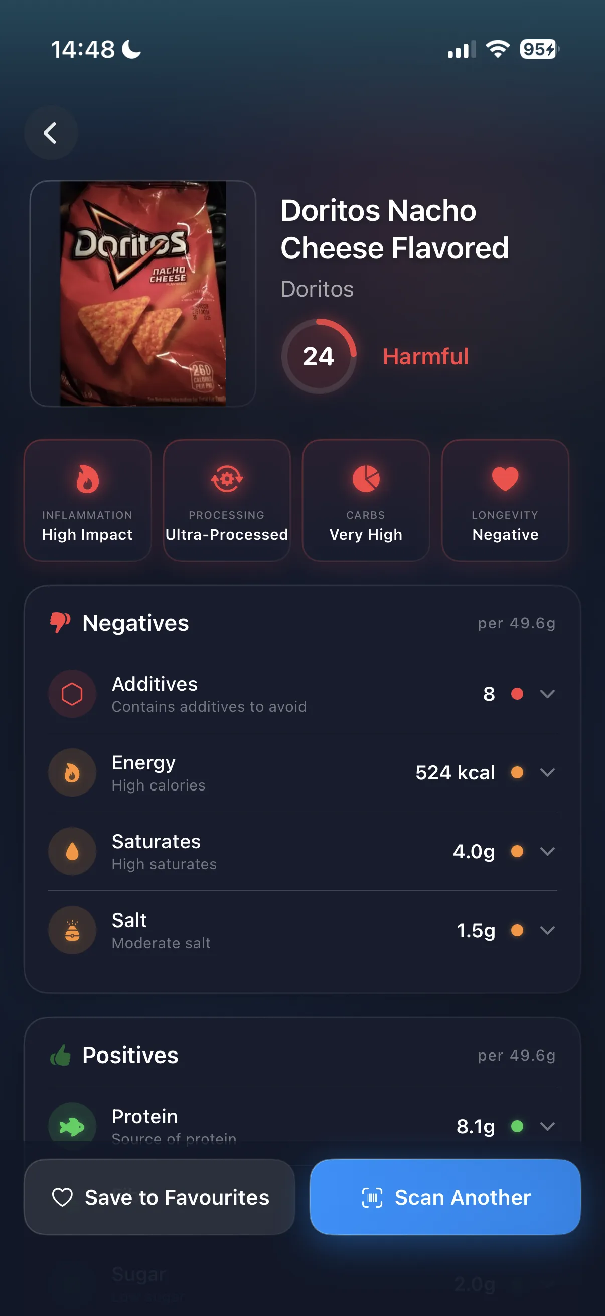 Clarity AI app: product scan result showing a health score with negatives and positives breakdown