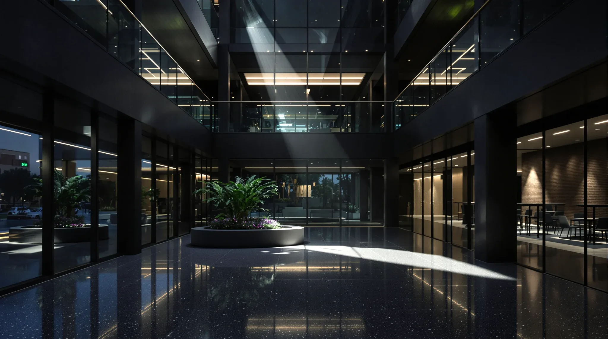 A modern office atrium before dawn, a polished floor catching a single shaft of light
