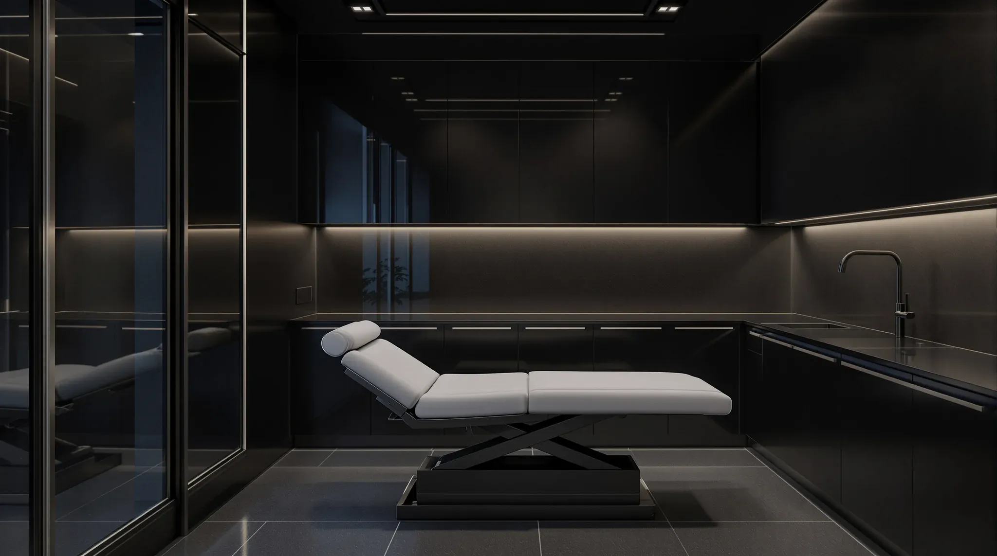 A treatment room in a modern private clinic, an examination couch and dark matte cabinetry