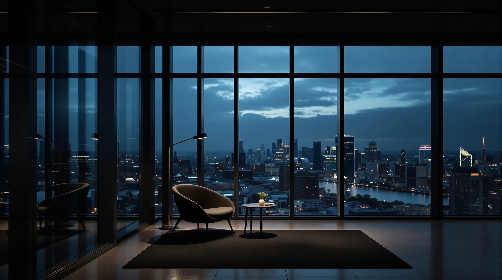 A quiet reading corner in a modern office at blue hour, an armchair and floor lamp by tall glazing