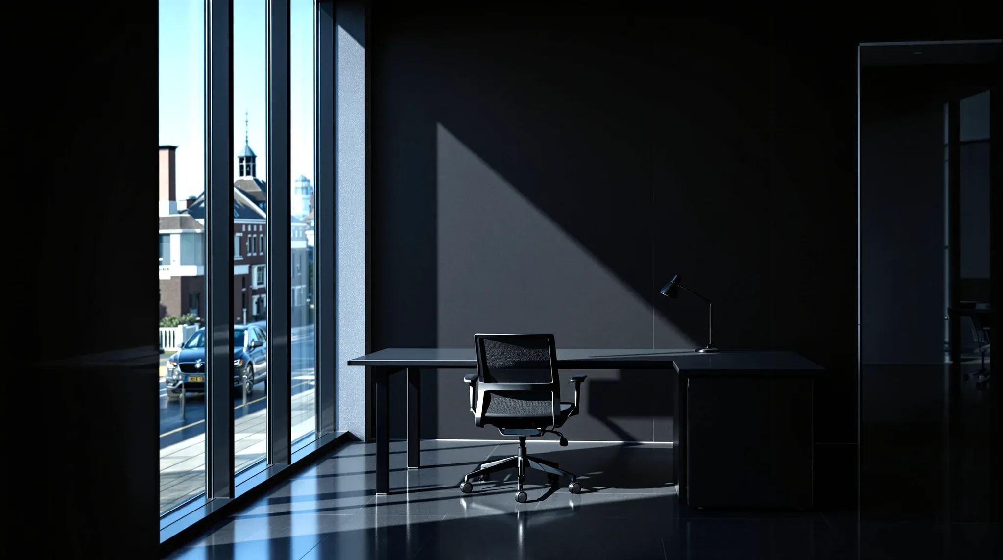 An empty desk in a modern office, a mesh task chair pushed in, evening light from a tall window