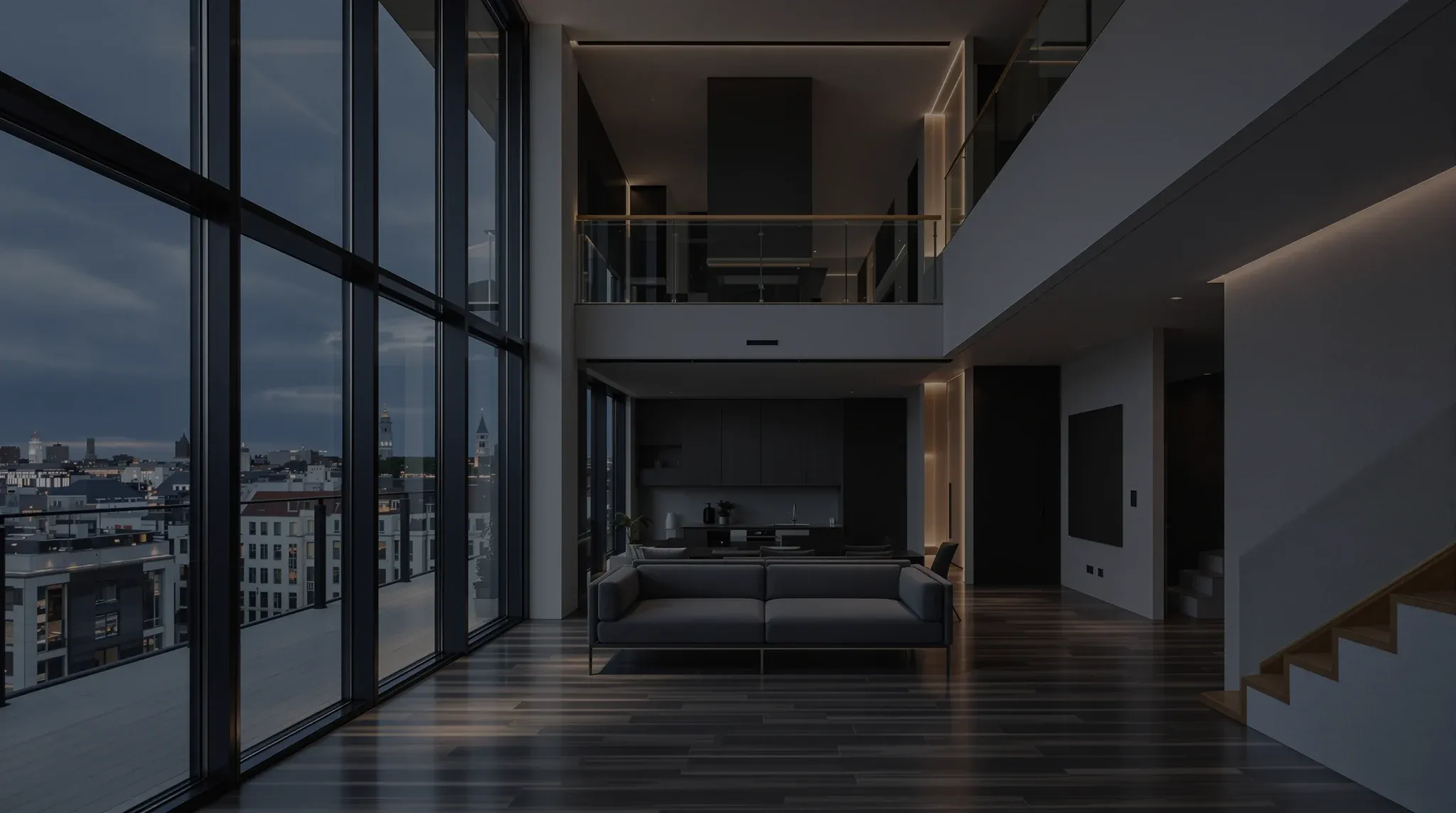 The living room of a newly finished contemporary apartment, balcony glazing onto evening light