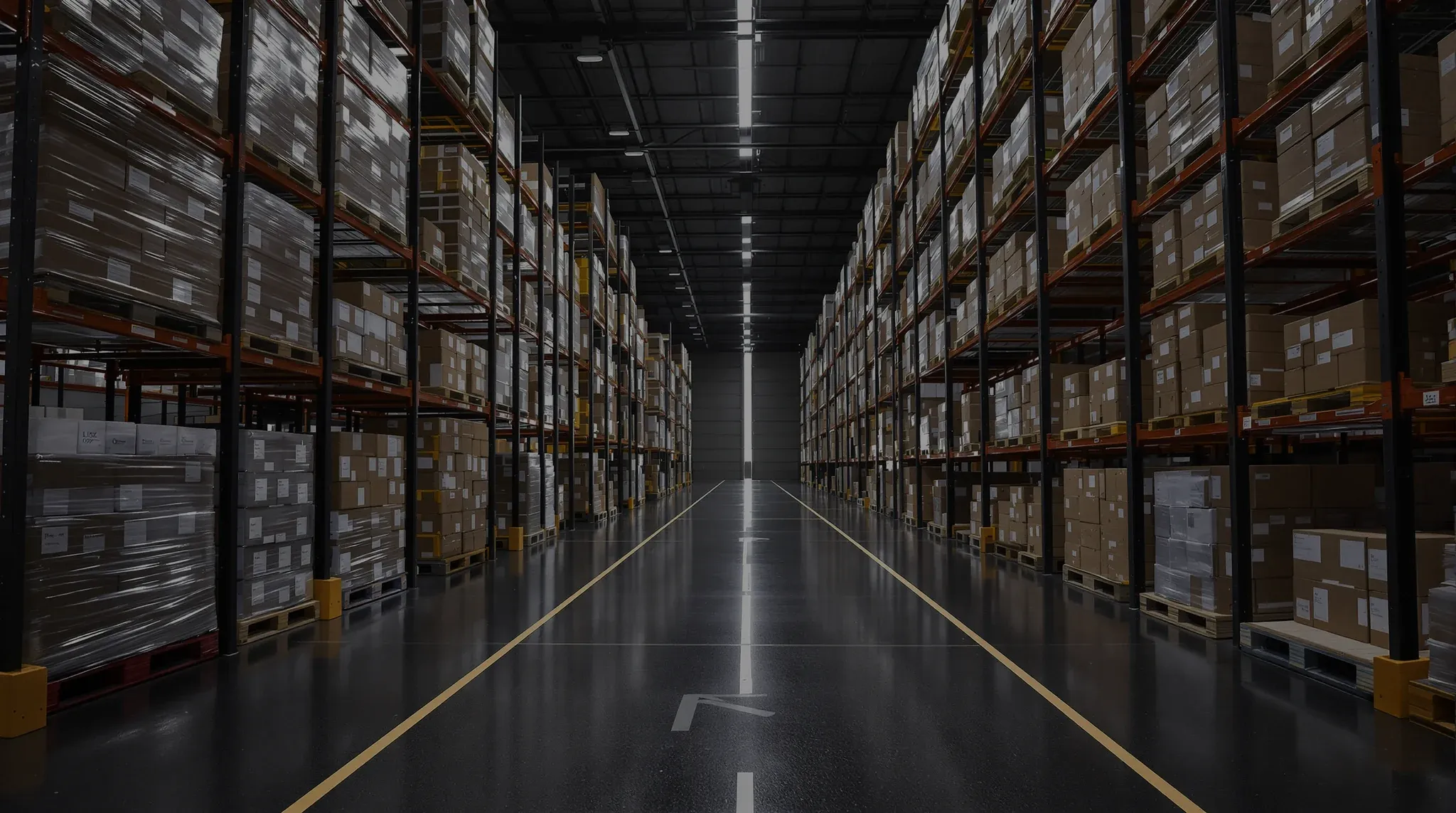 A wide aisle in a modern distribution centre, tall racking and painted lane markings