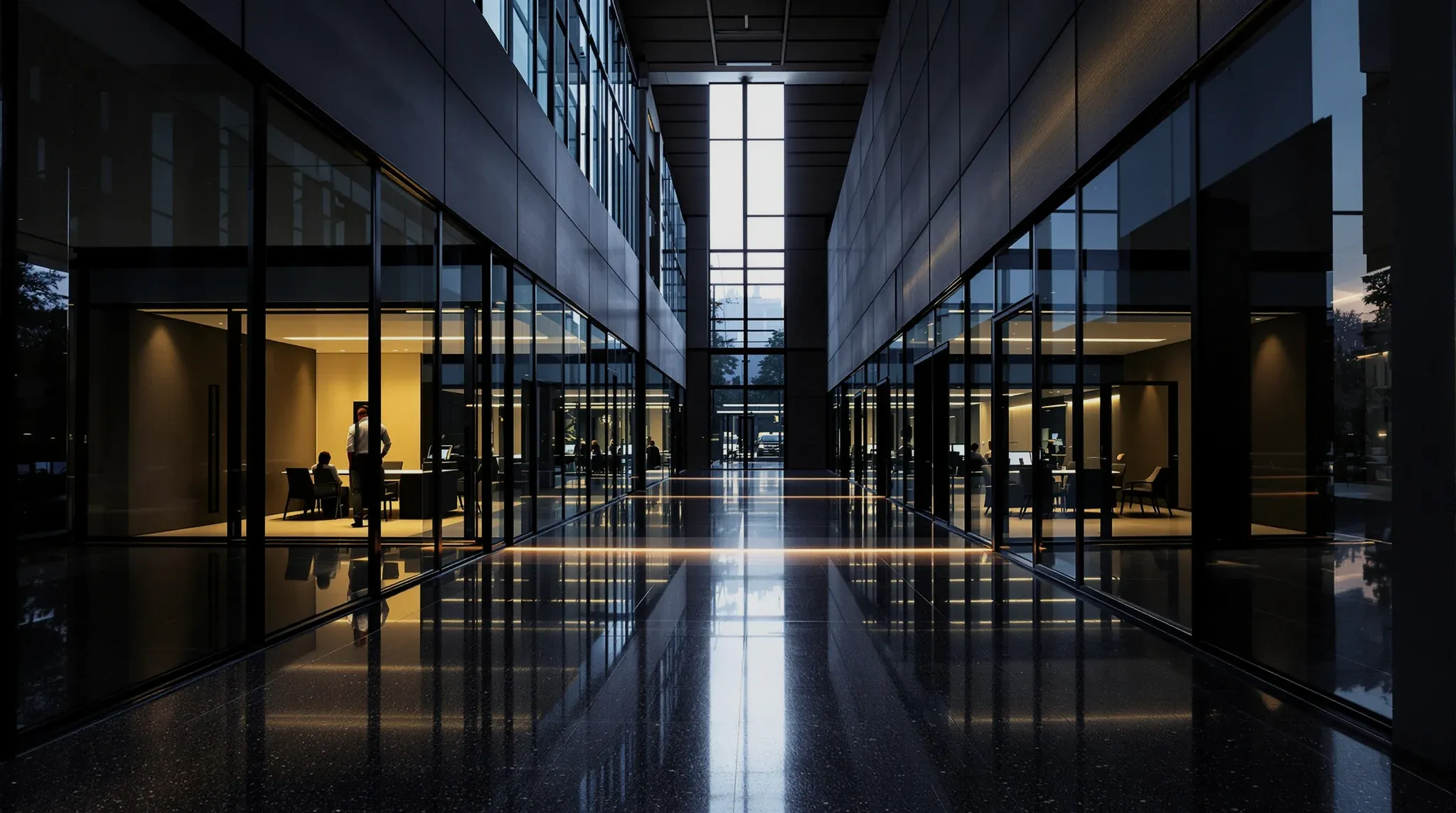 The interior of a modern office building at dusk, a corridor of glazed meeting rooms