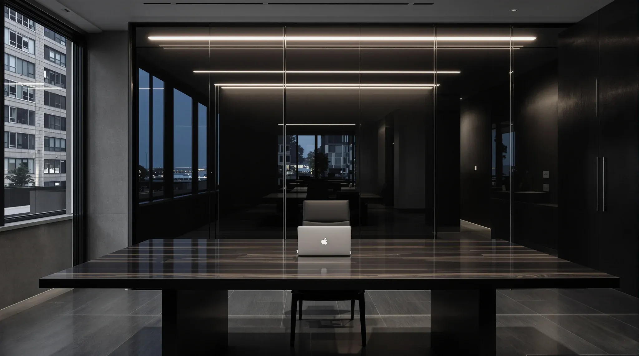 A meeting table in a modern law firm, a closed laptop and a chair behind a glass partition