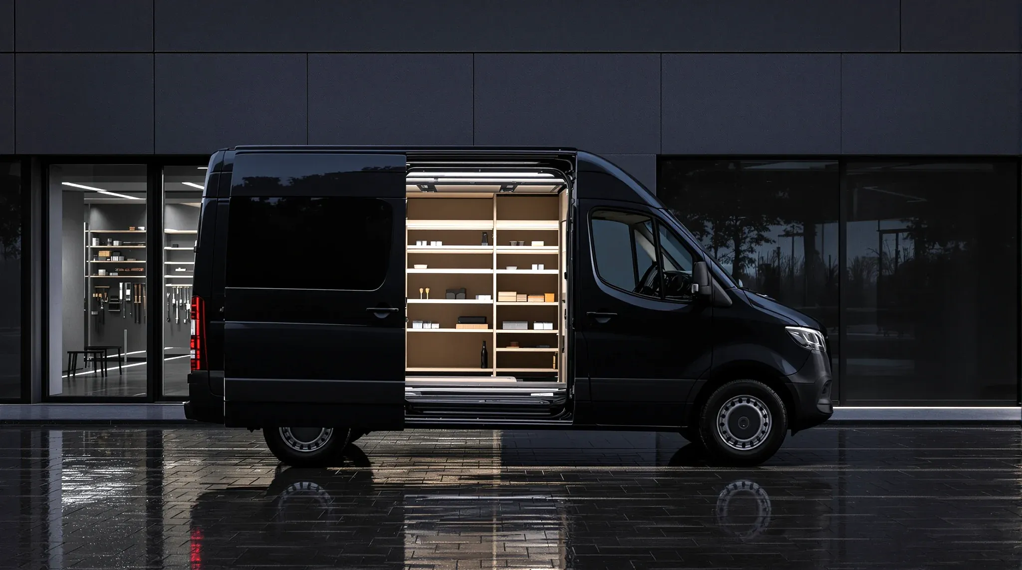 A modern work van with its side door open, showing fitted racking with tools stowed in place