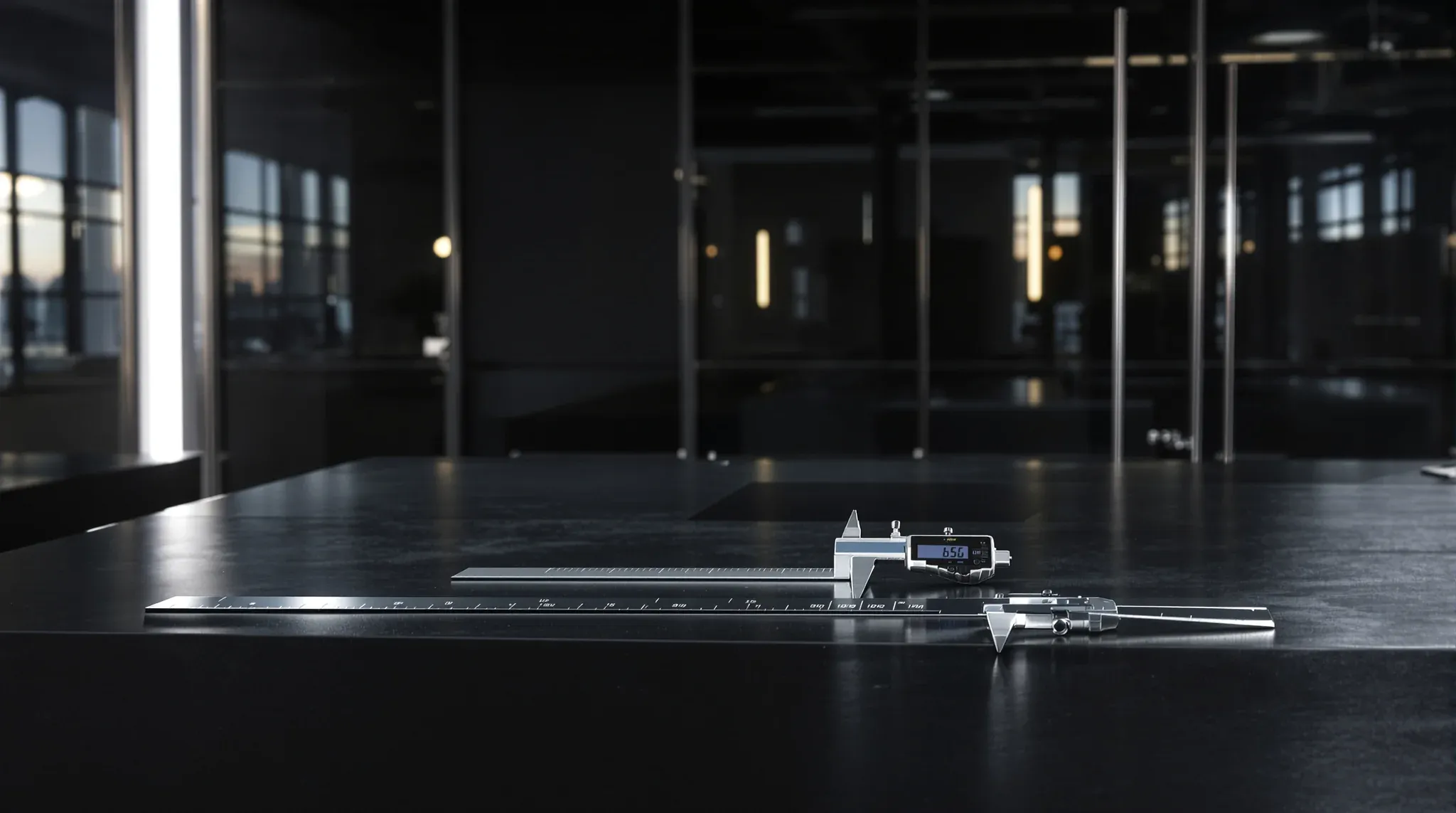 Precision measuring instruments laid on a dark workbench under one shaft of light