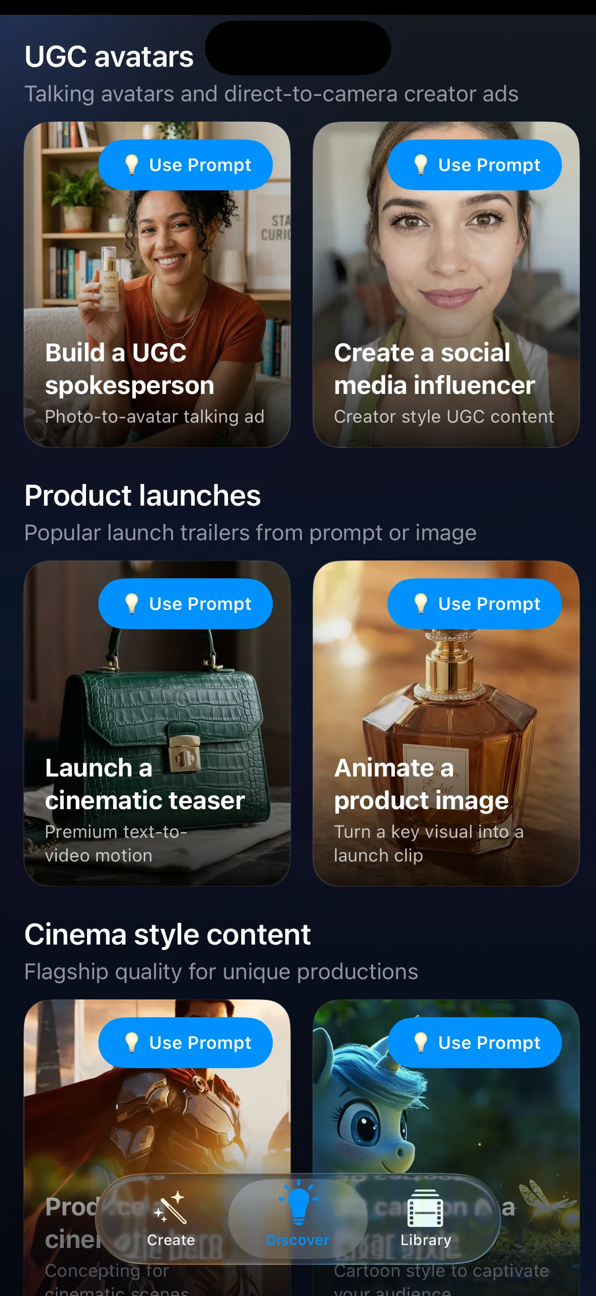 Vizion AI app: Discover screen with UGC avatar, product launch and cinema style content templates