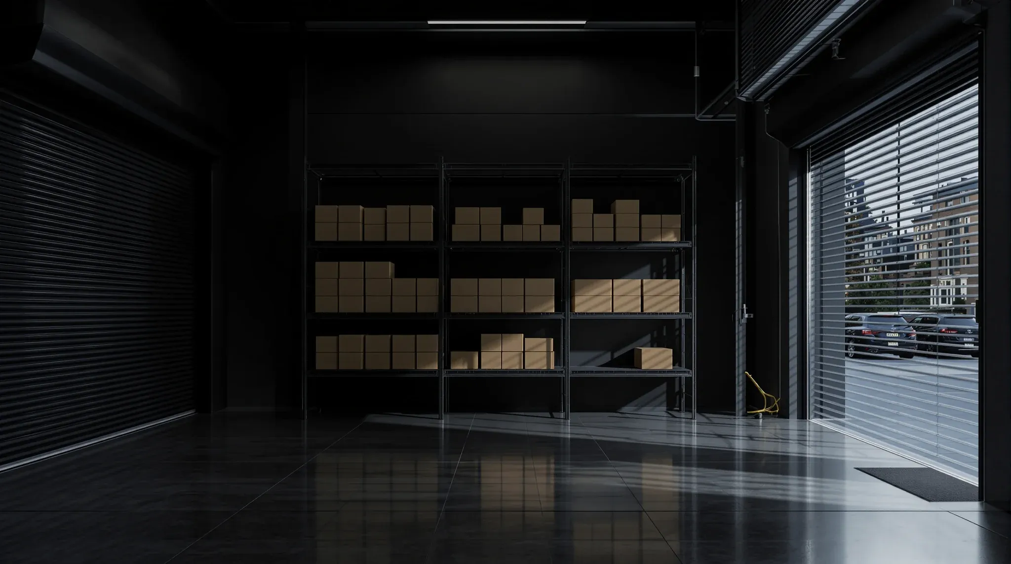 A modern trade counter and stock area, steel shelving of plain boxes by a part open shutter